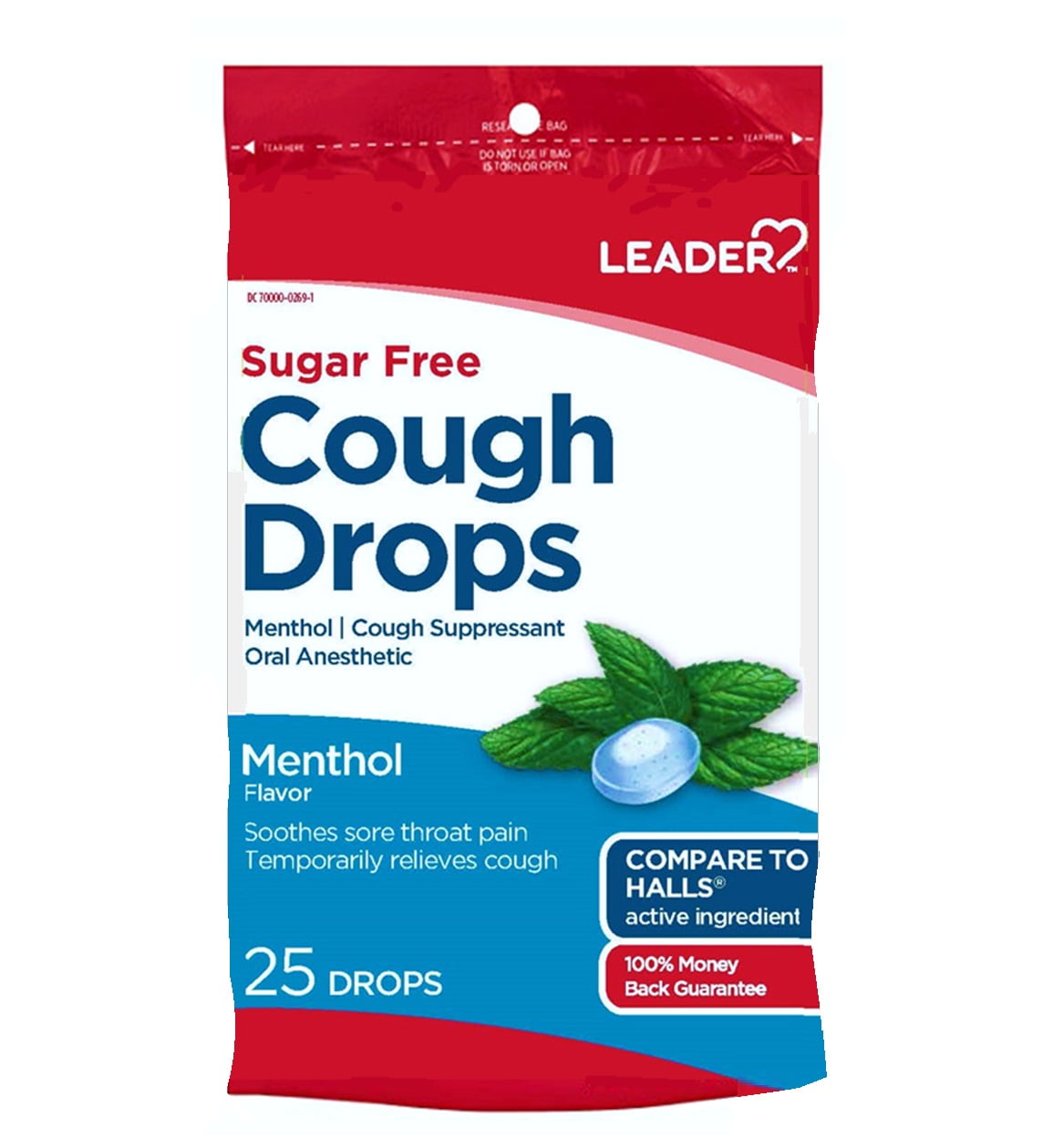 LEADER SugarFree Menthol Flavor Cough Drops, 25ct