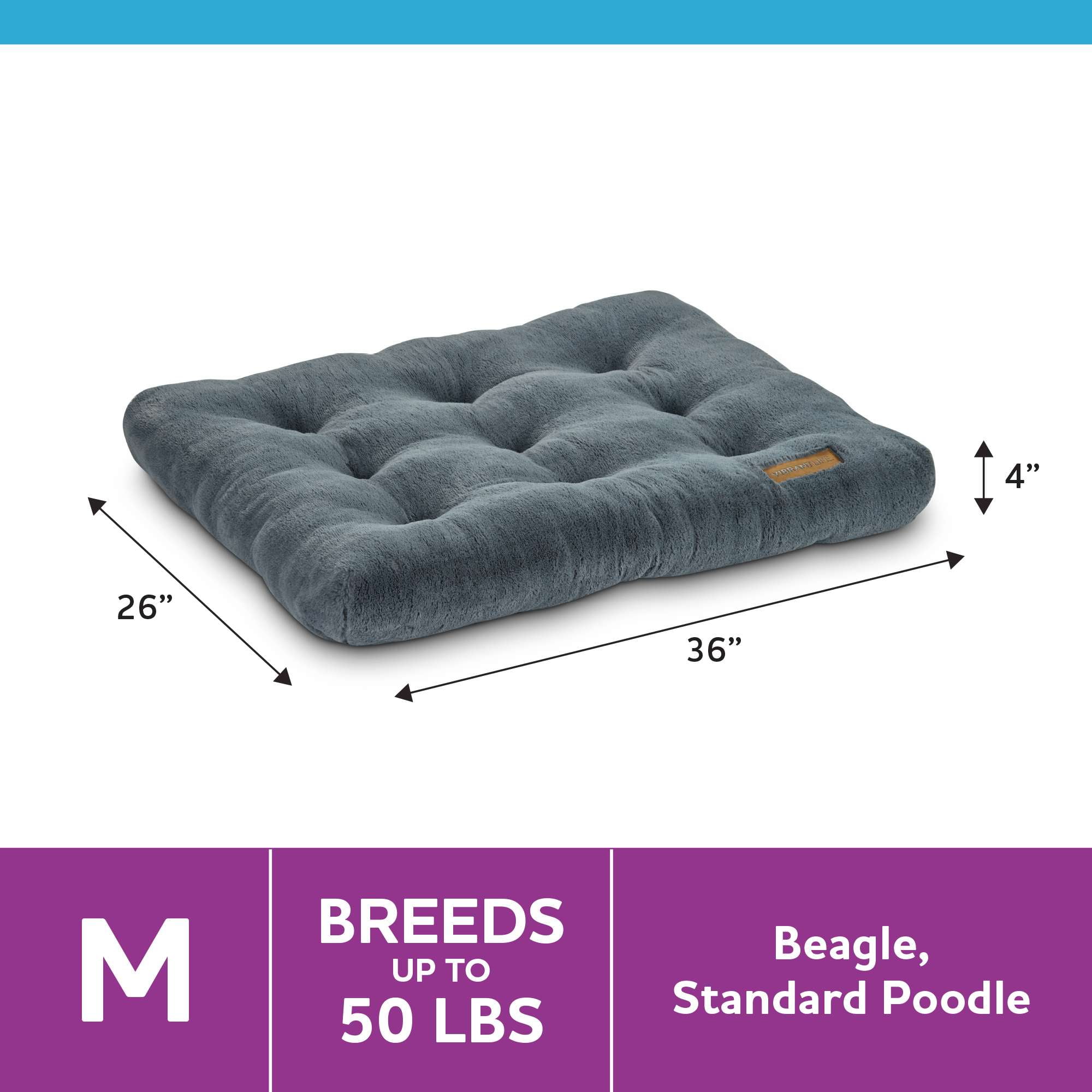 Vibrant Life Medium Dog Bed, Plush Pillow Bed For Medium Breeds, Medium, 36" x 26", Grey