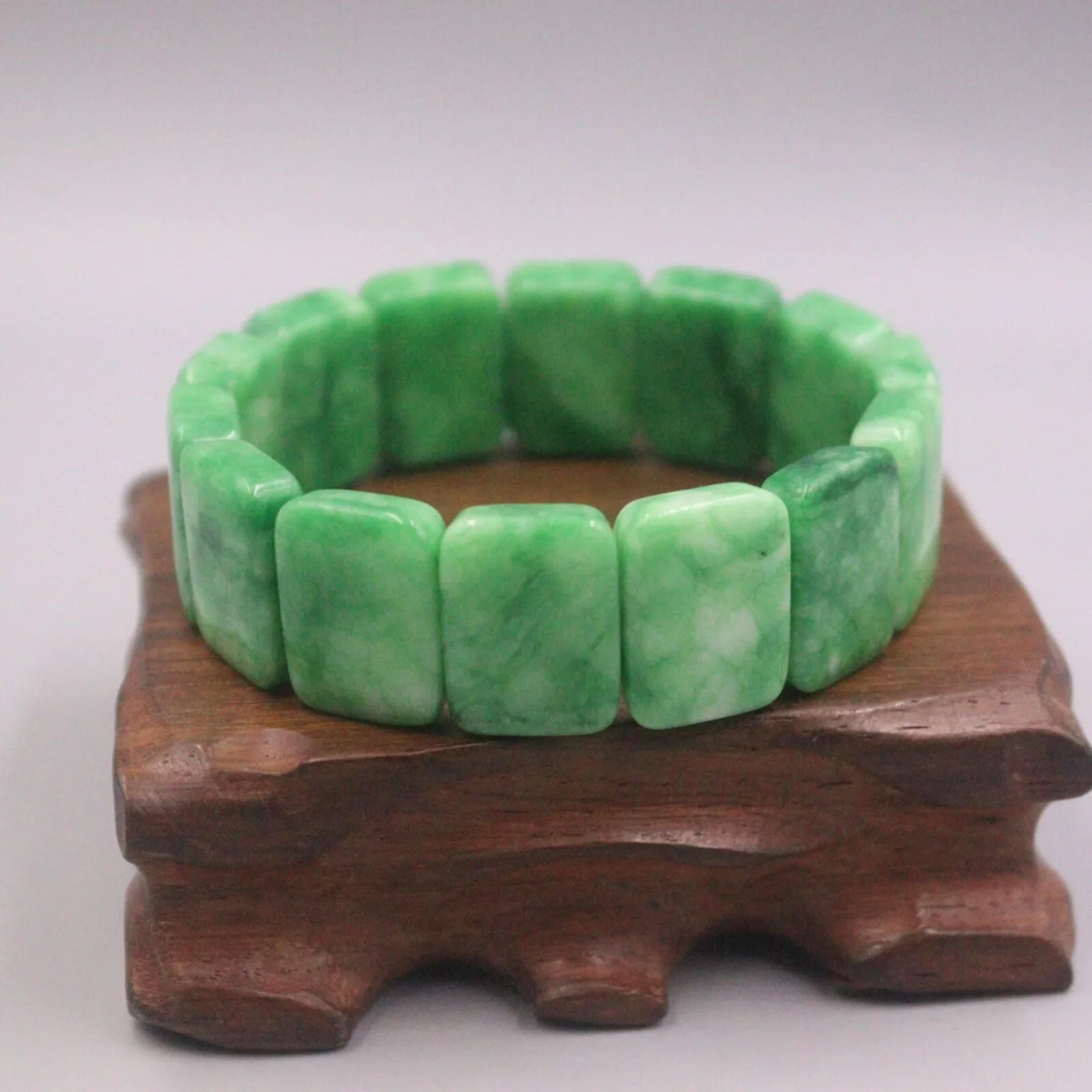 HOOUN Natural Jade Men Women Lucky Green Long Square 20mm W Beaded Elastic Bracelet