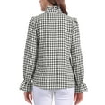 thumbnail image 3 of Women's Gingham Tops Ruffle V Neck Blouse Button Front Long Sleeve Plaid Shirt S Black, 3 of 6