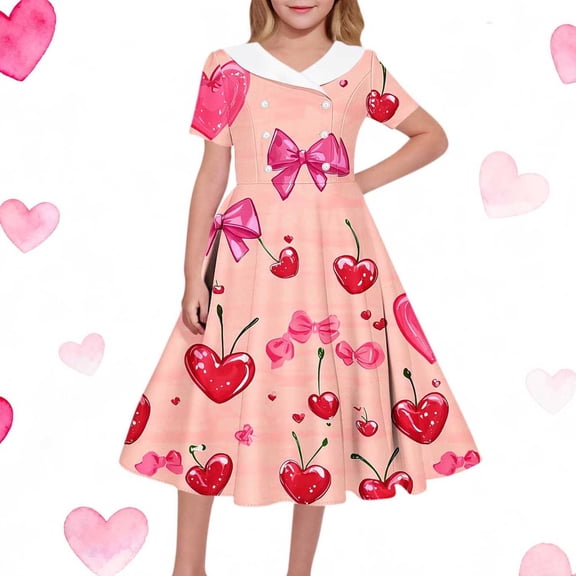 Cowsor Big Girls Short Sleeve V Neck Dress Valentine Heart Print Waist Cinched Turn Down Collar Comfortable Holiday Party Outfit for 5 to 14 Years Old
