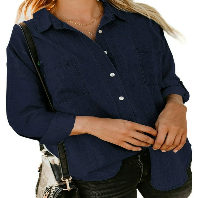Women Button-down Denim Shirt Irregular Long Sleeve Lapel Loose Blouse Tops with Pockets Streetwear