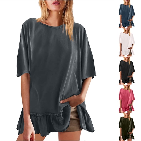 Inverlee T Shirts for Women Crewneck Trendy Short Sleeve Tops Boho Solid Color Shirts Flowy Vacation Tunic Blouse Tee Summer Fashion