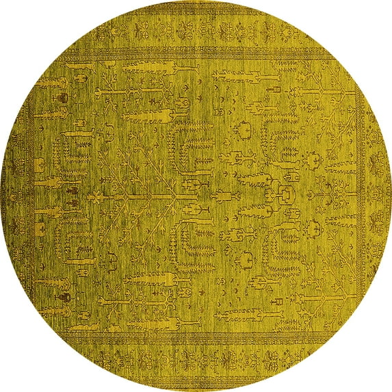 Ahgly Company Machine Washable Indoor Round Oriental Yellow Industrial Area Rugs, 4' Round