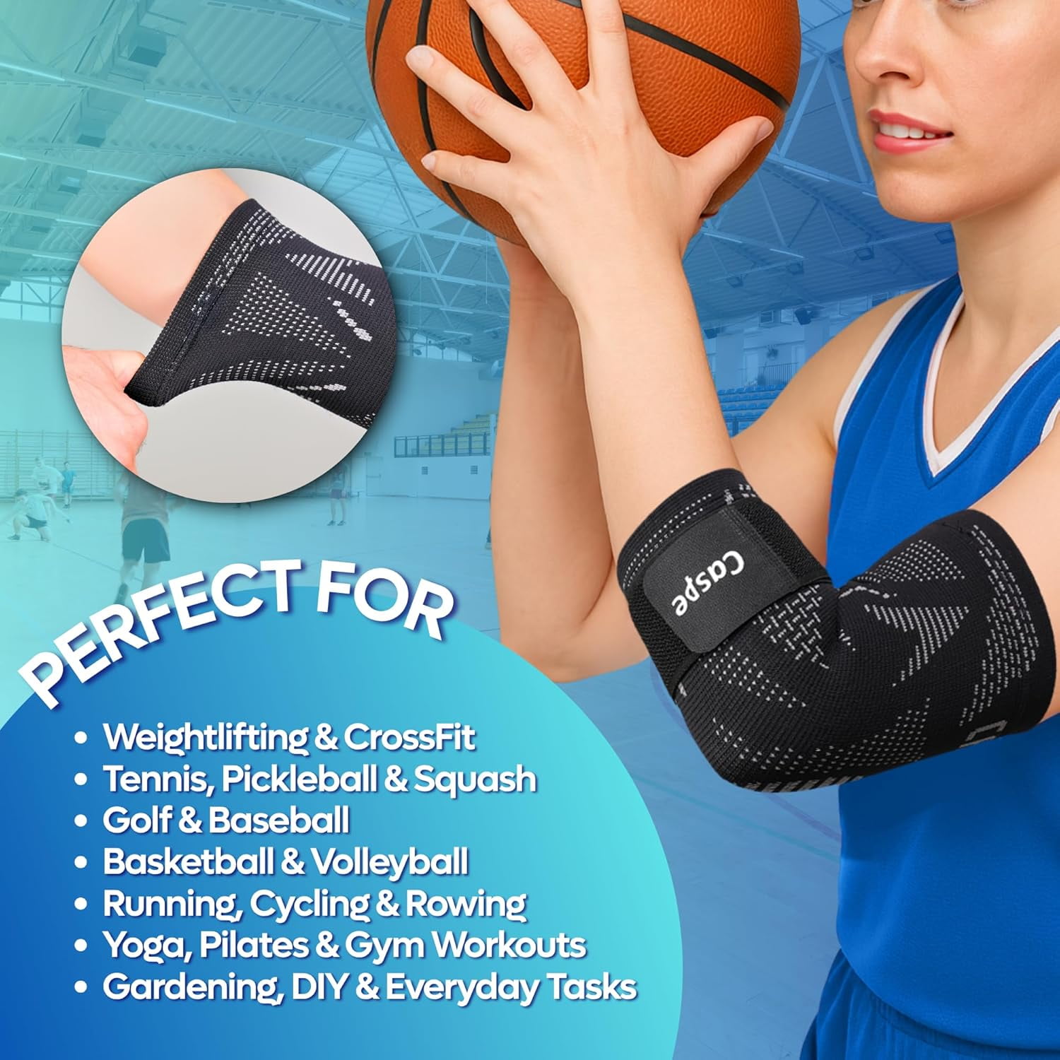 Caspe 2 Pack Elbow Compression Sleeve with Adjustable Strap – Breathable Arm Support for Men & Women, Non-Slip Sleeve for Sports & Workouts