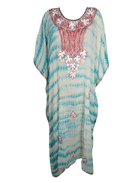 Mogul Womens Maxi Kashmiri Caftan Georgette V-neckline Tie Die Design Side slits Resort Wear Beach Cover Up Long Kaftan