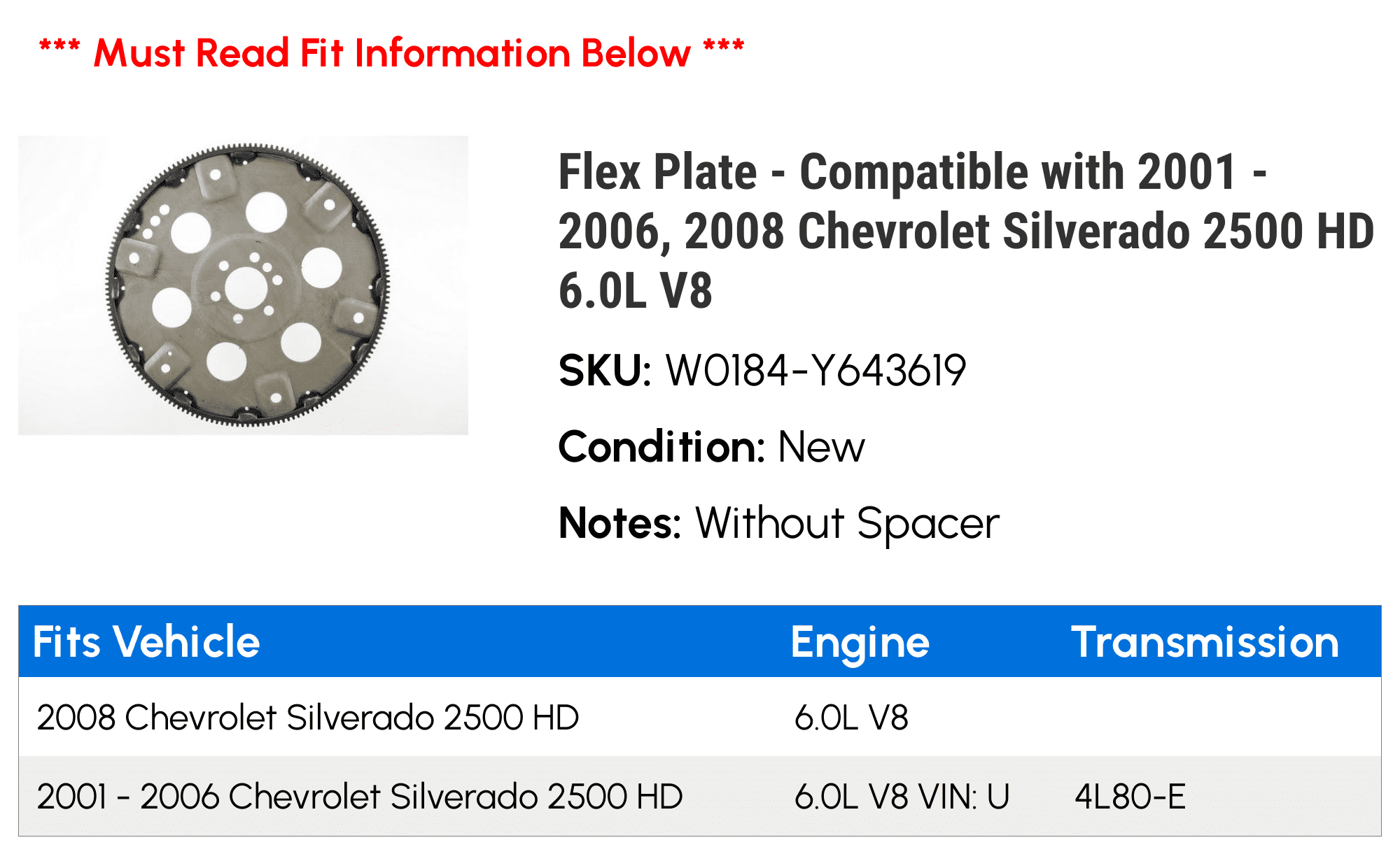 Flex Plate - Compatible With 2001 - 2006, 2008 Chevy Silverado 2500 HD 2002 2003 2004 2005