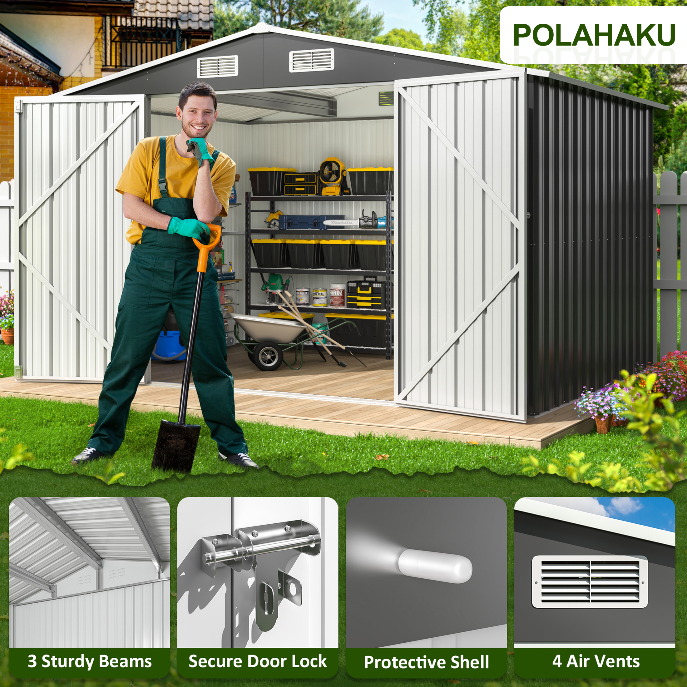 POLAHAKU 10 x 8 ft Outdoor Storage Shed, Metal Storage Shed with Thickened Metal Upgrade Frame and Lockable Door for Garden, Patio, Backyard