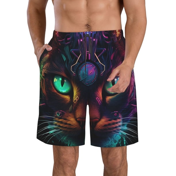 Fotbe Futuristic Cat Warrior Trajes de Baño Estampados para Hombre, Shorts de Verano de Secado Rápido, Ropa de Playa, Bañadores-Large