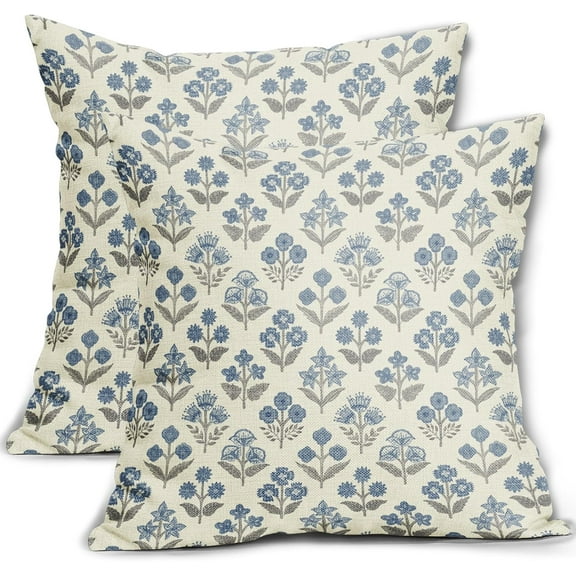 Blue Grey Gray Floral Block Print Pillow Covers 16x16 Inch Set of 2, Vintage Flower Pattern Decorative Throw Pillowcases Outdoor Farmhouse Cushion Covers Spring Summer Rustic Sofa Couch Bed Decor