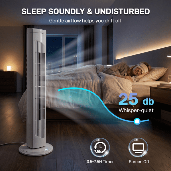 Alvantor 32-Inch Oscillating Tower Fan with Remote, 3 Speeds, 3 Modes and 7.5-Hour Timer, White