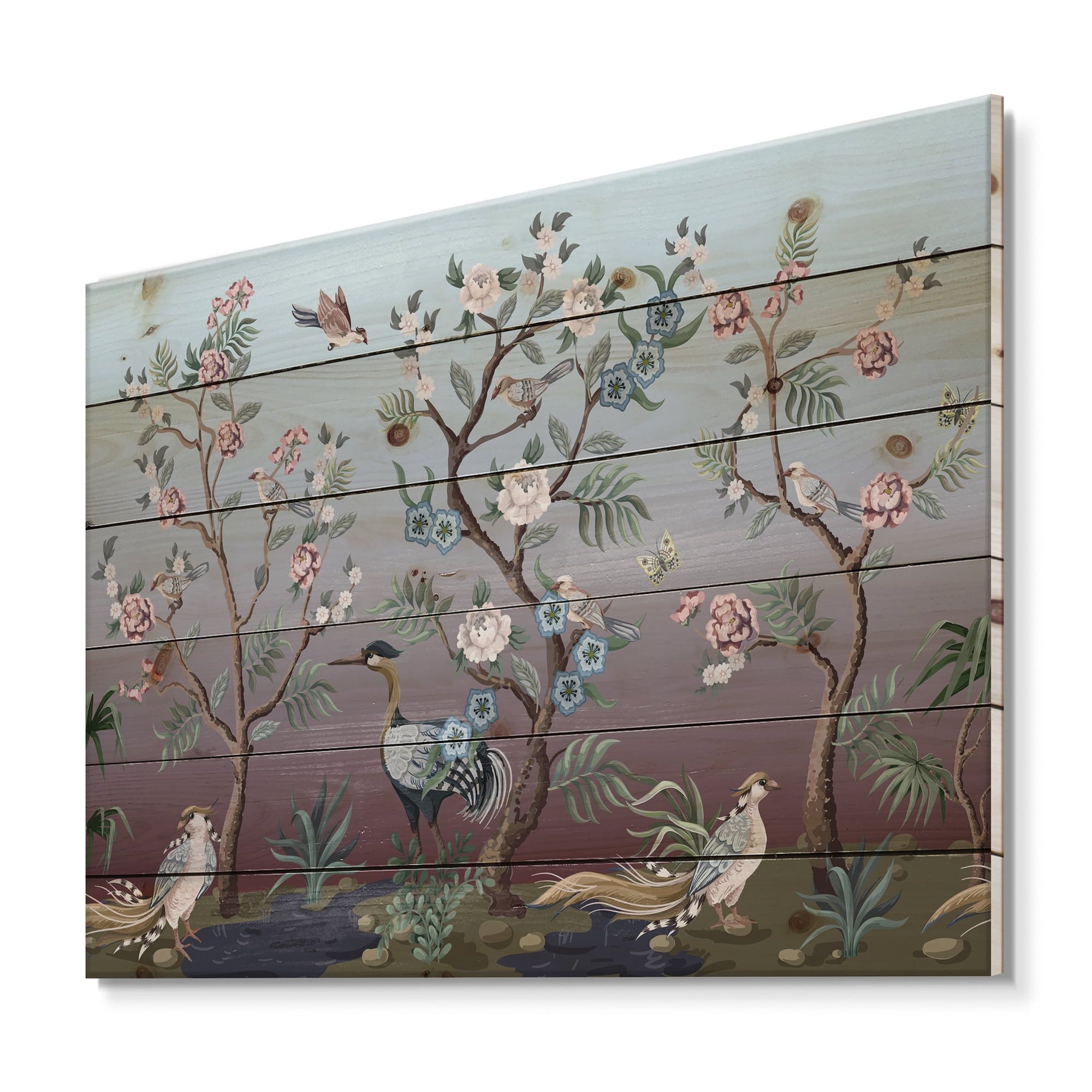 Designart 'Chinoiserie With Peonies and Birds XI' Traditional Print on Natural Pine Wood
