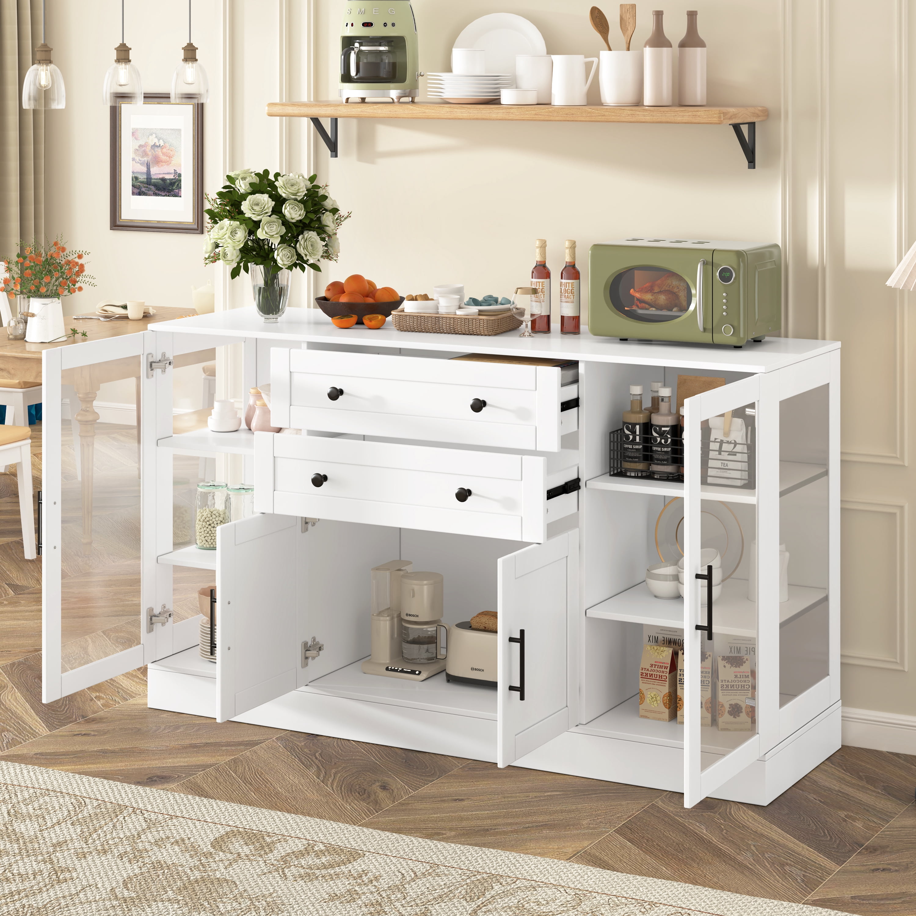 Mintazer 58" Modern Acrylic Sideboard Buffet Cabinet with Power Outlet & Adjustable Shelves, Storage Cabinet with 4 Doors & 2 Drawers for Dining Room Living Room Kitchen, White