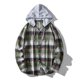 thumbnail image 1 of Blusa informal de manga larga con capucha para hombre, con cuello vuelto, manga larga, cierre de botones, estampado a cuadros, con capucha, 1 of 9