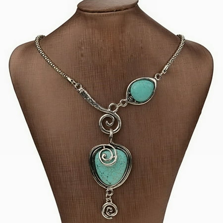 Lomubue 1 Pc Women Vintage Charm Heart Bib Collar Pendant Turquoise Necklace Jewelry Accessories