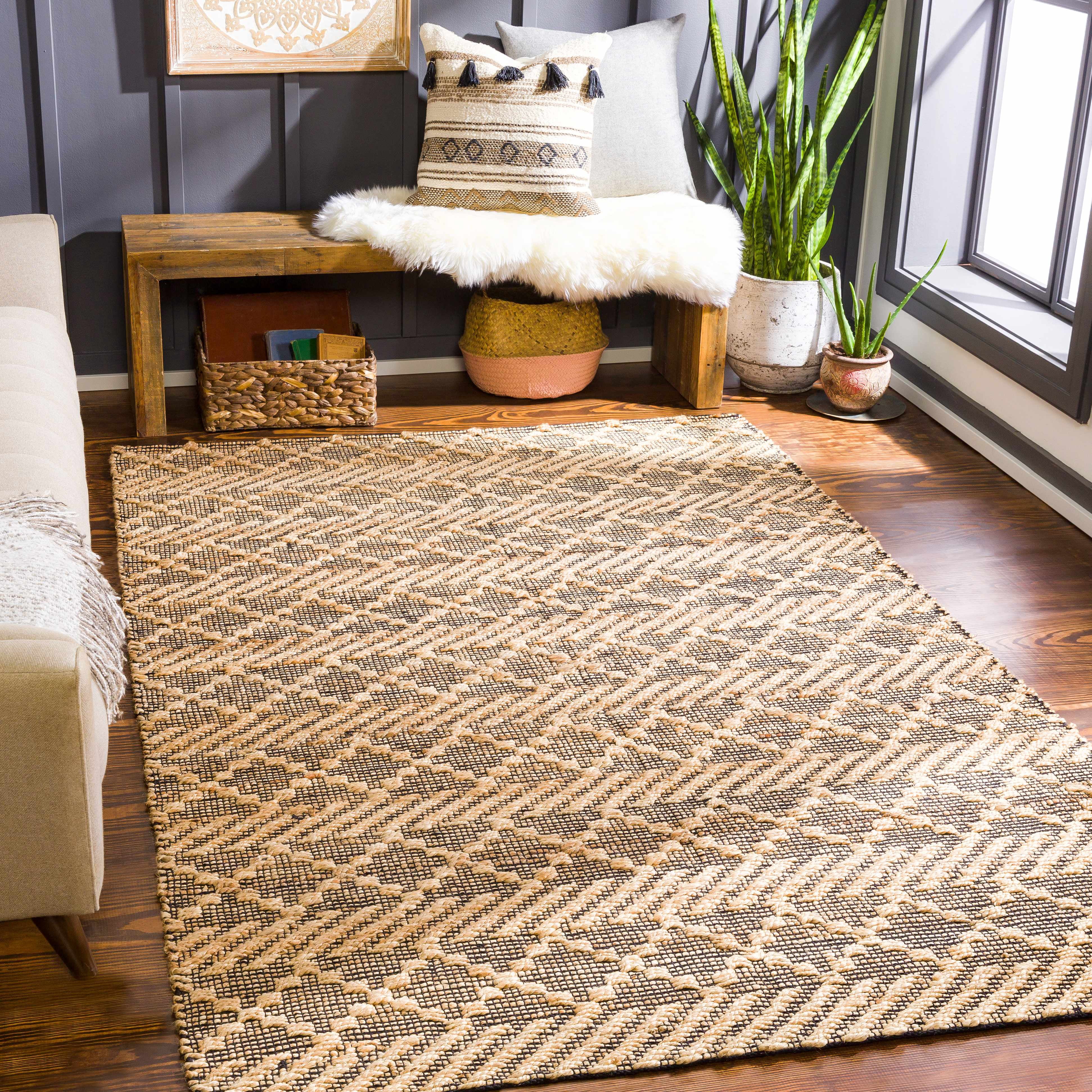 Hauteloom Malidong Jute Living Room, Bedroom Area Rug - Bohemian, Transitional - Tan, Black - 8'10" x 12'