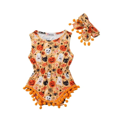 newborn baby girl halloween romper suit pumpkin ghost printed sleeveless romper jumpsuit bodysuit and headband clothes