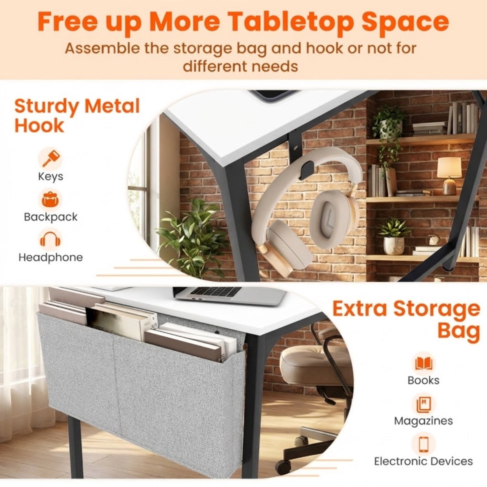 Furnibear 32 Inch Home Office Writing Desk with Charging Station Storage Bag and Headphone Hook - White