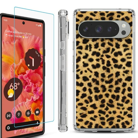 For Google Pixel 9 / 9 Pro Phone Case Cover, Shockproof Bumper Case with Tempered Glass Screen Protector, by OneToughShield - Cheetah Gold/Black
