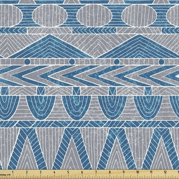 Ethnic Fabric by the Yard, Classic Greek Art Deco Style Geometric Aztec Folk Motifs Hippie Boho, Decorative Upholstery Fabric for Sofas and Home Accents, Taupe Grey and Sea Blue by Ambesonne