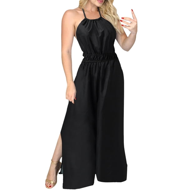 Gibobby Mono Ajustado de Verano Mujeres Daily Summer Casual V cuello sin mangas Halter Split Halter Backless mono Slim Fit mamelucos de pierna ancha(Negro, XL)
