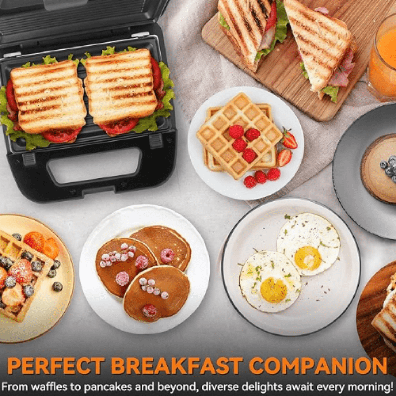 3 in 1 Mini Waffle Maker with Removable Plates, Dual Waffle & Pancake and Grill Plates, Breakfast Sandwich Maker Press, Dishwasher , Non-stick Coating, Graphite