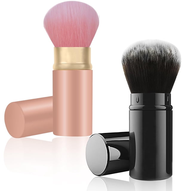 Falliny - Juego de 2 brochas de maquillaje retráctiles Kabuki en polvo para base de maquillaje, brocha de viaje para colorete facial con cubierta para colorete, bronceador, protector solar, pulidor, c