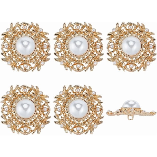 6 botones de perla con forma de flor dorada, botones de imitación de perla, adornos de aleación, botones decorativos, botones de flores para coser.