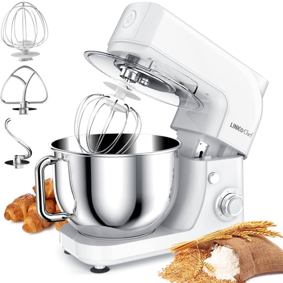 LINKChef Stand Mixer, 5.3QT 800W 6 P Speeds with Whisk, Dough Hook and Beater (White)
