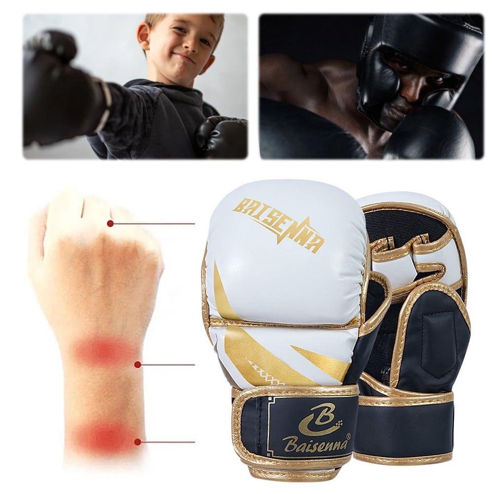 Half Finger Boxing Gloves Thickened Heavy Punching Bag Gloves Exercise Training PU Leather Sponge Gym Mitts Gloves(Adult White Gold)