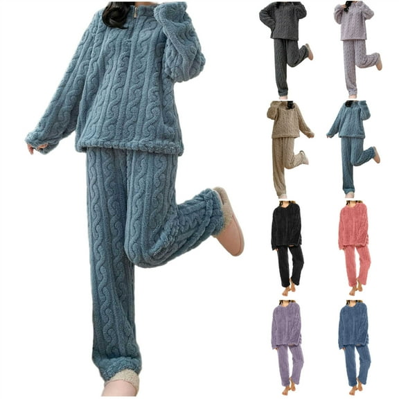 QATAINLAV Fuzzy Pajamas for Women Set Winter Warm Fluffy Loungewear Fleece 1/2 Zip Long Sleeve Tops and Pants 2 Piece Lounge Sets, Purple, Free Size