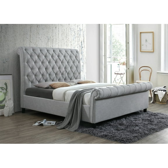 1pc Beautiful Queen Size Fabric Upholstered Button Tufted Tall Headboard Bed Gray Finish