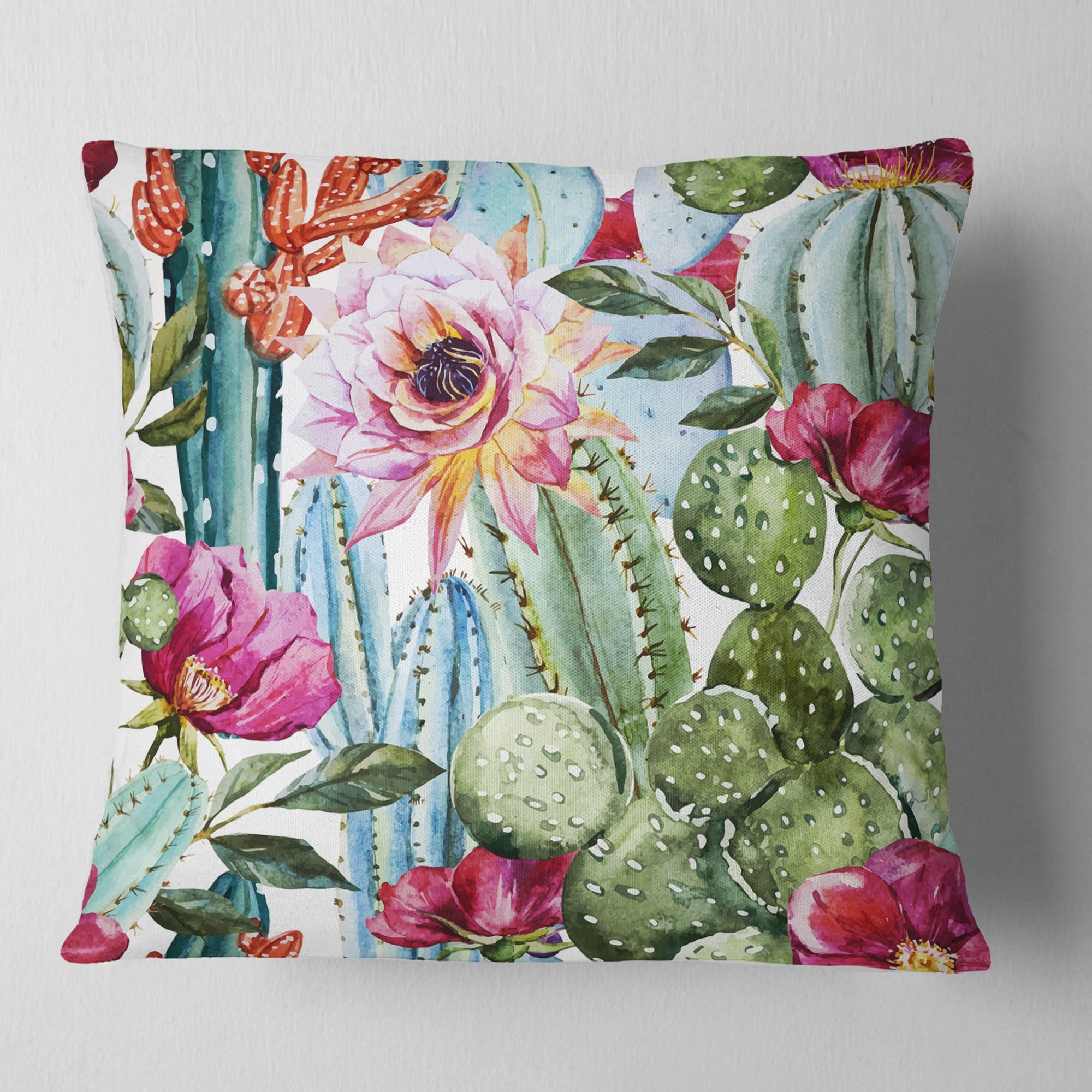 Designart Cactus Pattern Watercolor - Floral Throw Pillow - 18x18