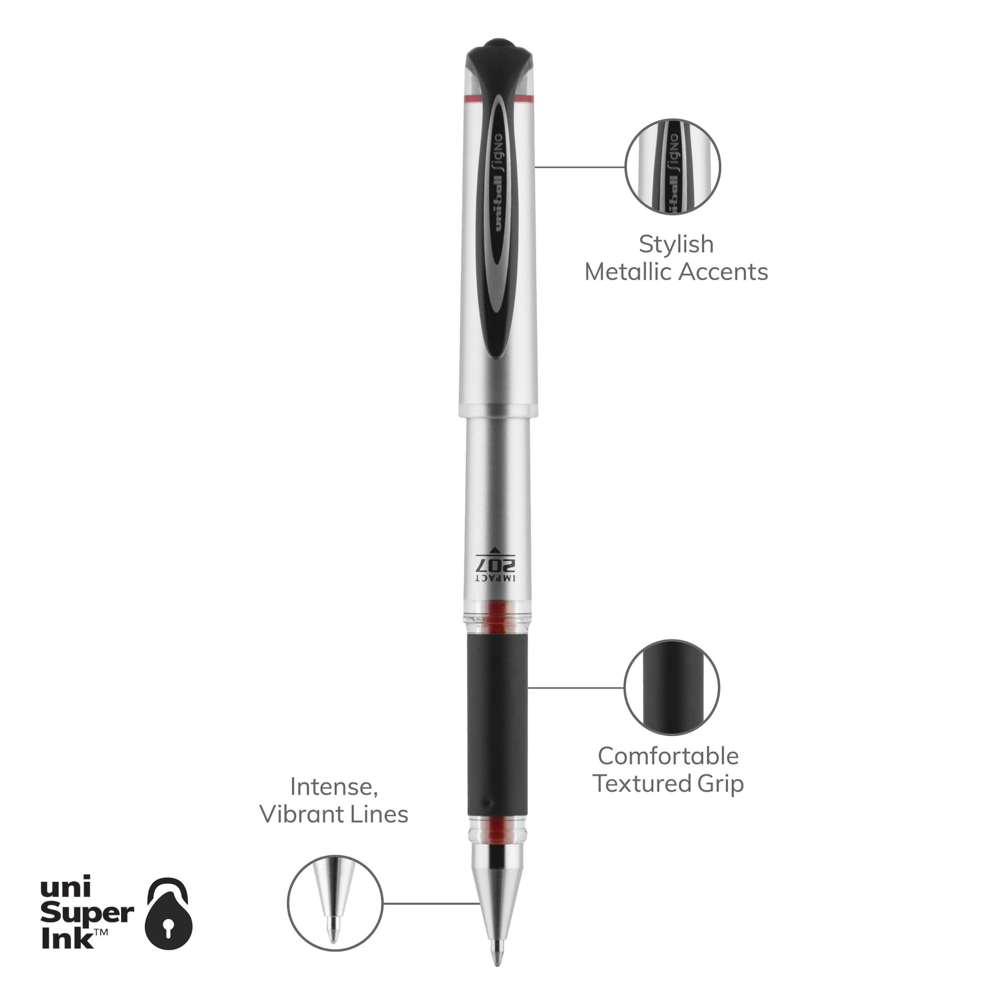 uniball 207 Impact Gel Pens, Bold Point (1.0mm), Red Ink, 12 Count