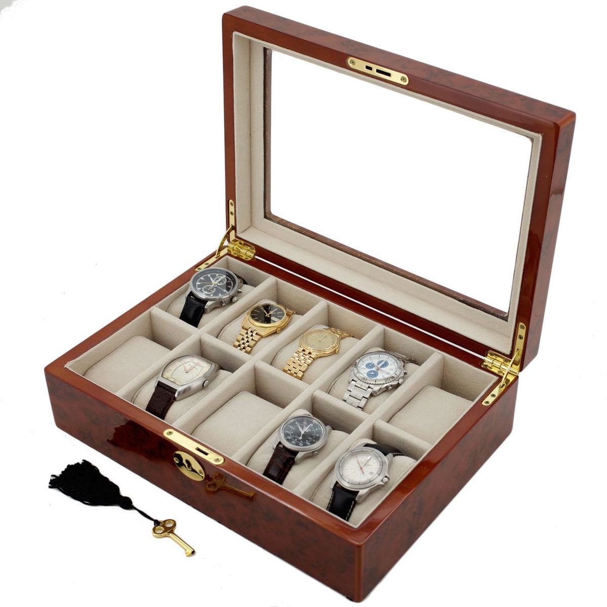 Luxury Watch Box for 10 Watcher Burlwood Finish Lock Key in Wood