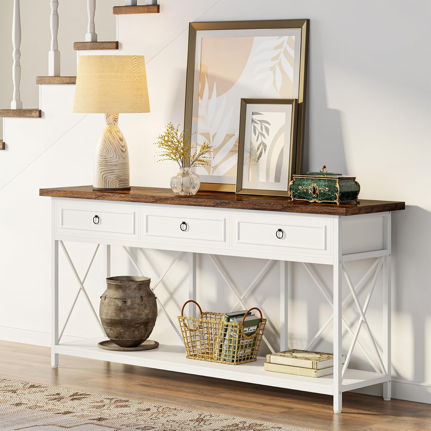 Tribesigns 70.8" Console Table with 3 Drawers, Farmhouse Entryway Table with Storage Shelf for Entryway, Hallway (White/Brown)