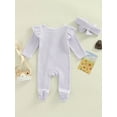thumbnail image 4 of Arvbitana 0M 3M 6M 9M Infant Baby Girls Ruffle Footed Romper Striped Long Sleeve Footie Jumpsuit Zipper One Piece Bodysuit Headband Fall Winter Outfit 2Pcs, 4 of 9