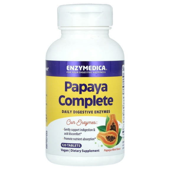 Enzymedica Papaya Complete, Daily Digestive Enzymes with Organic Papaya Juice and Chlorophyll for Meal & Nutrient Absorption, High Potency Bromelain & Papain, Vegan (Mint Flavor, 120 Chewable Tablets)