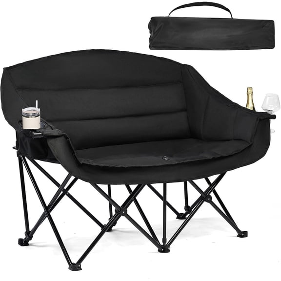 Double Camping Chair Padded Loveseat Chair for 2 Person - Heavy Duty Oversized Camping Couch for Adults Outdoor Sports Lawn Beach Portable Folding XL Chairs with Cup Holders and Carry Bag, All Black