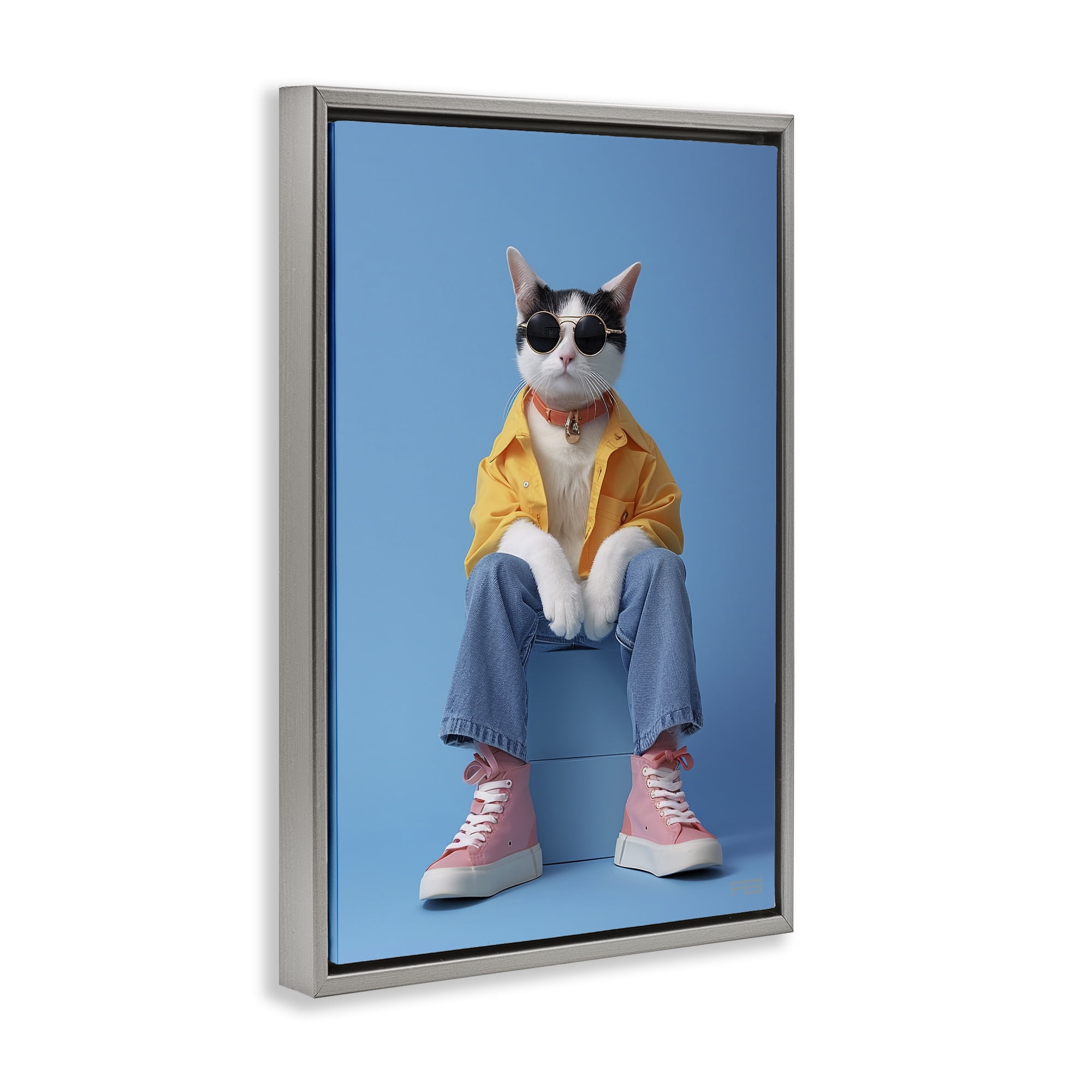 Stupell Industries Urban Fashion Cat Animals & Insects Painting Gray Floater Framed Canvas Art Print Wall Art, 17 x 25