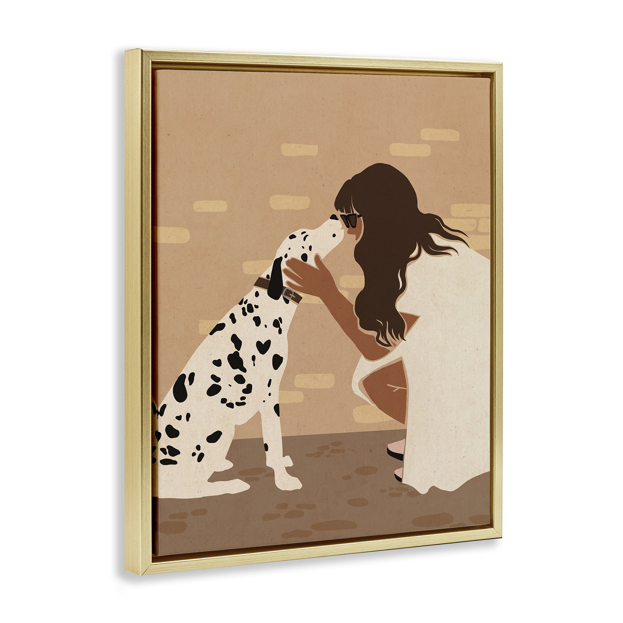 Stupell Industries Girl Hugging Dalmatian People Painting Gold Floater Framed Canvas Art Print Wall Art, 17 x 21
