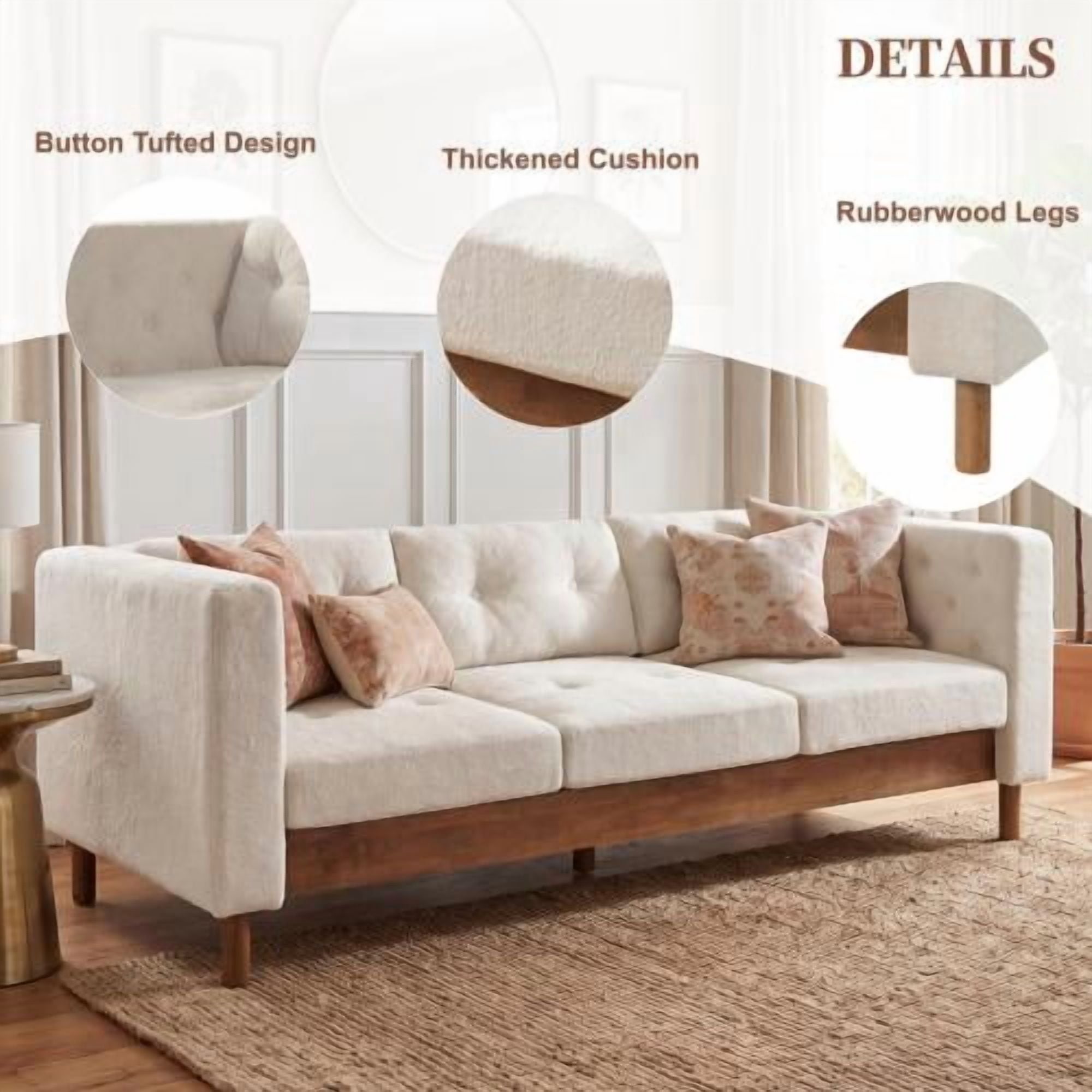 78" Modern 3-Seater Sofa, Chenille Upholstered Couch with Square Arms, Tufted Pillow Back & Walnut Rubber Wood Legs, Multi-Cushion Sofa for Living Room and Apartment, Beige