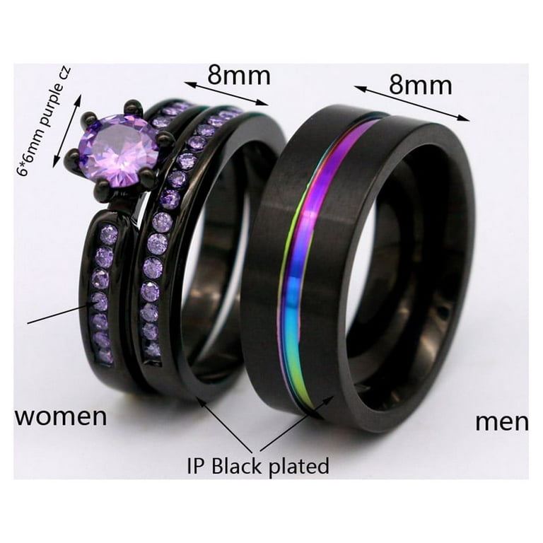 Matching Rings Couple Rings Black Gold Plated 1CT Purple Cz Women Wedding  Ring Sets 