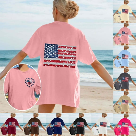 UVEASISHA Oversized Cotton T-shirts for Women 4th of July Patriotic Shirts Stars and Stripes Graphic Tee Independence Day Casual Street Tops Wine L