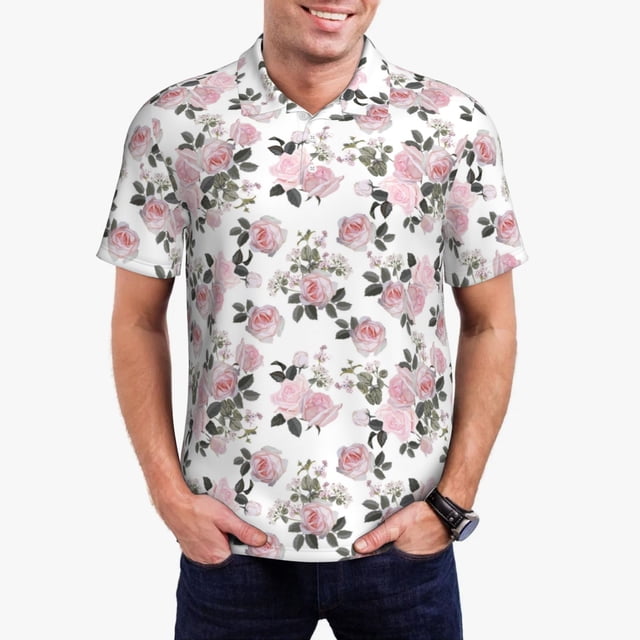Balery Rose Flowers Camisa Polo de Hombre con Estampado, de Manga Corta y Tejido Medio, Camisa Tipo Golf Polo-3X-Large