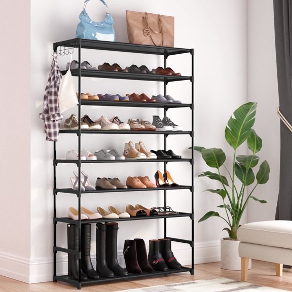 Kitsure 9-Tier Stackable Shoe Rack, 32 in DIY Shoe Organizer with Non-Woven Fabric, Black