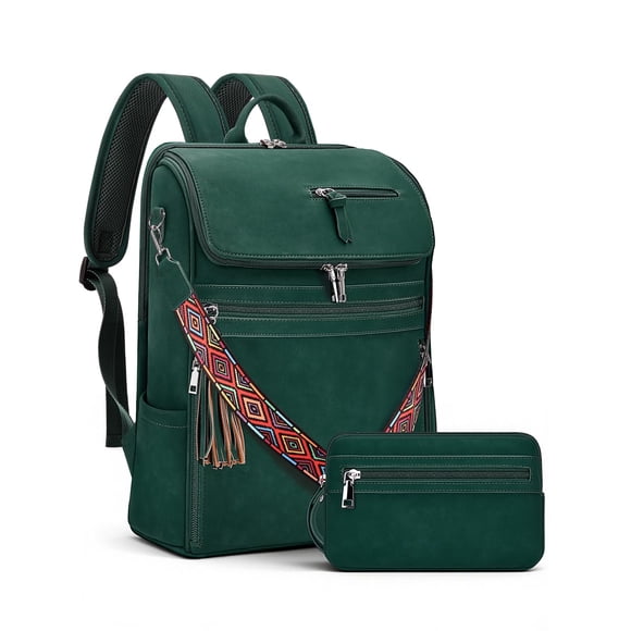 SYTRAH Leather Laptop Backpack for Women Designer Laptop Bag, 16.5 inch Travel Computer Backpacks Purse with Tassel for Work Business Green