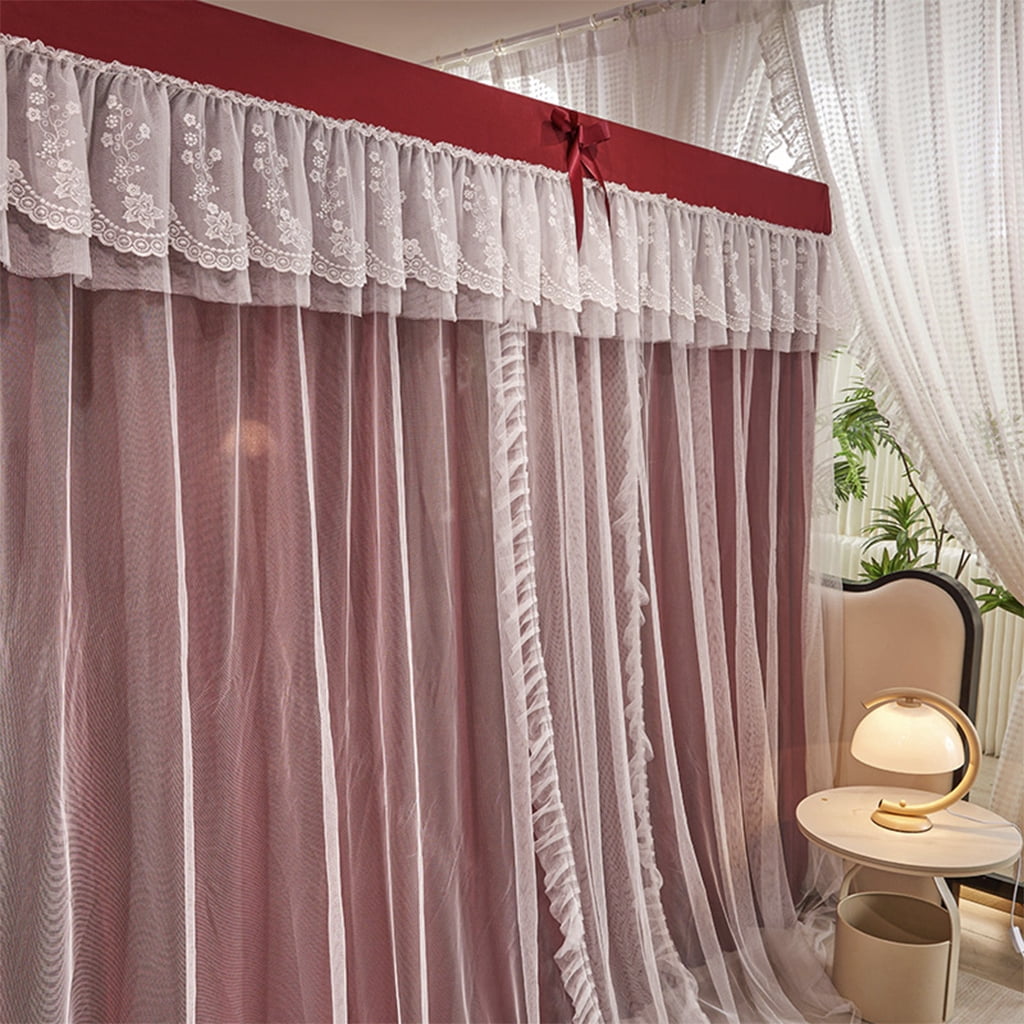 4 Corners Post Solid Color Bed Canopy Curtain Double Layer-Curtain & Ruffle Princess Mosquito Net 4 Opening Netting for Girls Teens Or Adults Bedroom Decoration, Wine Red, Queen