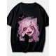 thumbnail image 1 of Women's Cute Anime Graphic Print T-Shirt - Short Sleeve Crew Neck Casual Top with Pink Hair & Cat Ear Character Design, Gray for Spring & Summer, Anime Fan Apparel | Cute Graphic Tee | Machine Washab, 1 of 6