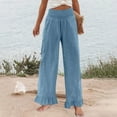 thumbnail image 5 of Besolor Cotton Linen Pants for Women Smocked High Waist Ruffle Hem Wide Leg Boho Beach Vacation Pants with Pockets, 5 of 7